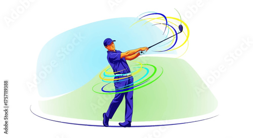 Vibrant illustration of a male golfer in mid-swing, showcasing powerful motion and energy with dynamic, colorful trails against a stylized golf course backdrop
