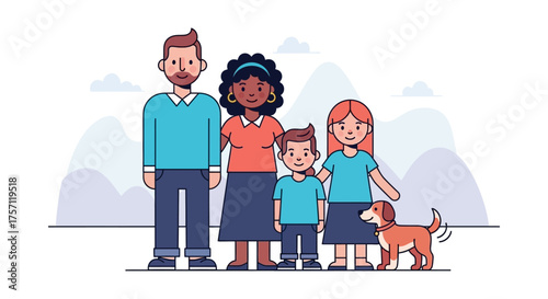 Diverse family portrait illustration of parents, children, and dog against a landscape background
