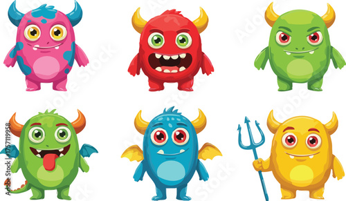 monster, cartoon, character, creature, cute, funny, pink, red, green, blue, yellow, horns, eyes, teeth, happy, smiling, playful, whimsical, illustration, graphic, design, isolated, white background, f