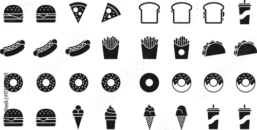 Collection of popular fast food icons including burgers pizza hot dogs fries donuts ice cream and drinks isolated on transparent background