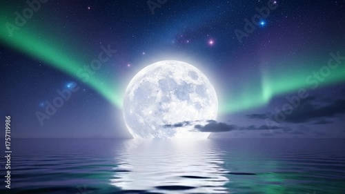 Celestial Symphony: The serene night sky unfolds, the full moon casts its silvery glow, above a tranquil sea. The northern lights dance across the heavens in this awe-inspiring spectacle.