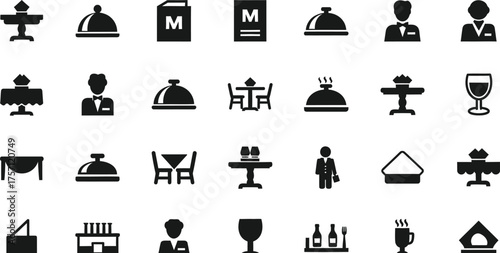 Collection of restaurant and dining icons including tables chairs menus waiters and food service elements isolated on transparent background