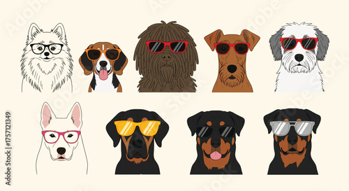 A collection of pixel art dogs wearing trendy sunglasses showing off their unique personalities and styles.