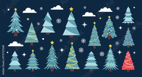 A delightful collection of pixel art christmas trees in various styles adorned with ornaments and lights.