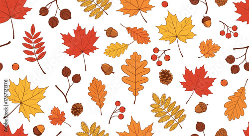 A colorful autumn pattern featuring falling maple oak and berry leaves with acorns and pinecones.