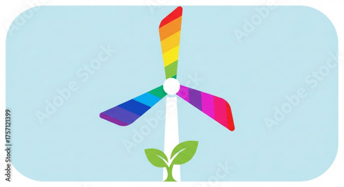 Rainbow wind turbine illustration for renewable energy and sustainable power generation concept design asset
