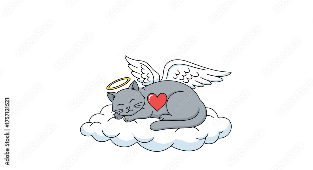 Fototapeta premium A gentle gray cat with wings and a halo rests peacefully on a cloud.