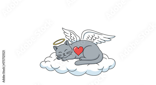 A gentle gray cat with wings and a halo rests peacefully on a cloud.