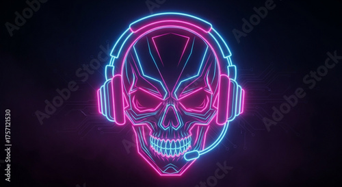 Neon skull gamer with headset vector illustration for gaming streamers and esports team logo design concept