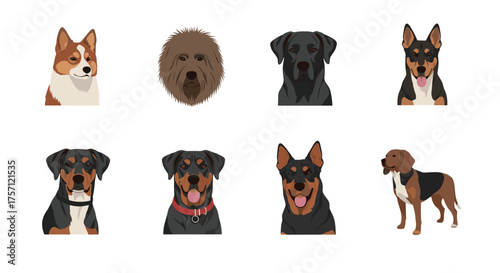 A collection of diverse dog breeds represented in charming pixel art.