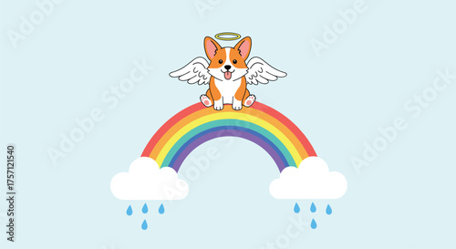 An adorable corgi with angel wings and a halo sits atop a vibrant rainbow with clouds and raindrops below.