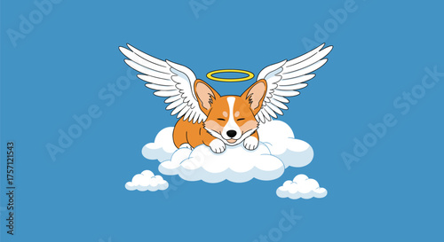 A fluffy corgi with angel wings rests peacefully on a cloud in the sky.