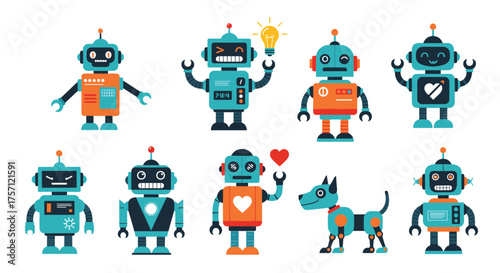 A collection of cute and colorful robots with different personalities and a friendly robot dog all in one illustration.