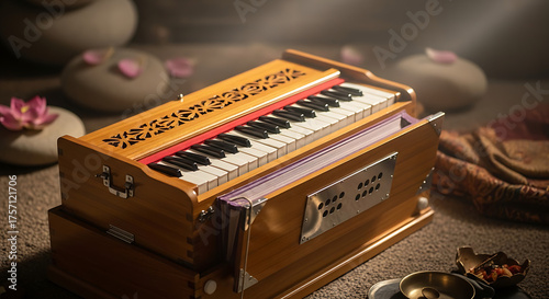 A harmonium with black and white keys surrounded by stones and flowers in a peaceful setting
