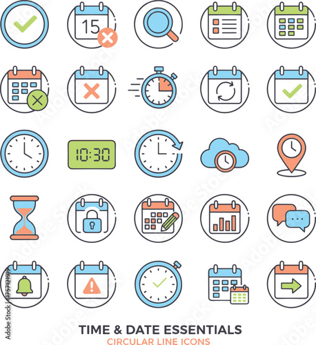 Time & Date Circular Line Icons Essential Set