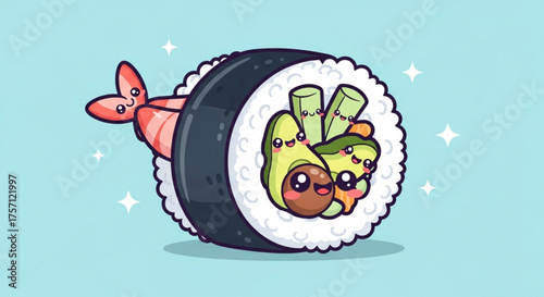 Cute sushi roll cartoon vector illustration with avocado shrimp and seaweed for japanese food lovers art