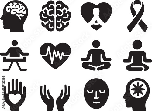 Mindfulness and wellbeing icon set for mental health