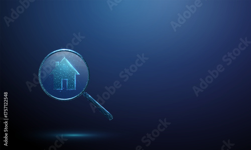 3d blue house inside a magnifying glass. Real estate evaluation, property inspection, home investment, housing market analysis, mortgage concept.
