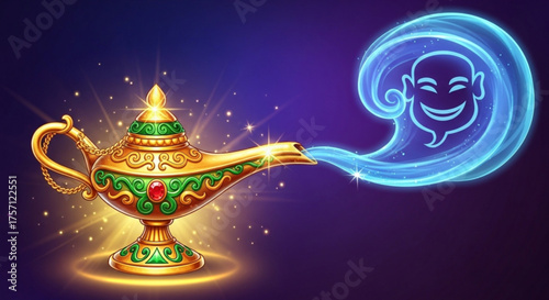 Explore magical genie lamp vector illustration with genie face and golden lamp design for your project