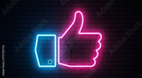 Neon like thumbs up sign glowing bright on dark brick wall for social media and positive feedback concept