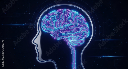 Artificial intelligence brain circuit board head concept for ai neural network deep learning technology
