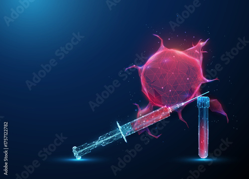 3d blood syringe on test tube with red tumor. Cancer treatment, oncology research, medical diagnostics, chemotherapy, biomedical analysis concept.