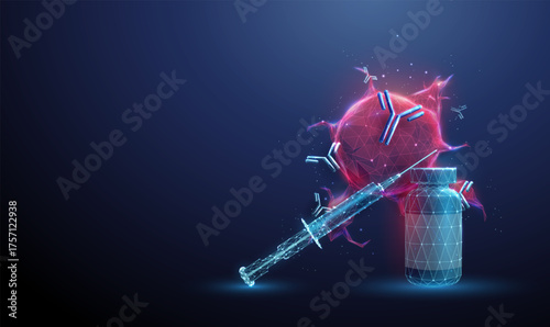 Red tumor with a medicine bottle, syringe, flying antibodies around. Cancer treatment, targeted therapy, immunotherapy, medical research, oncology study concept.