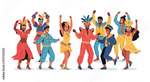 Carnival Celebration Diverse People Dancing in Colorful Costumes at a Festival