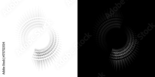 Dynamic abstract spiral sound wave rhythm lines. Circular spiral sound wave rhythm of lines. Circular futuristic abstract lines, black and white background.	

