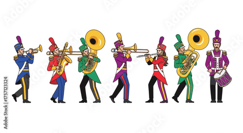 Marching band ensemble illustration with diverse musical instruments and vibrant uniforms