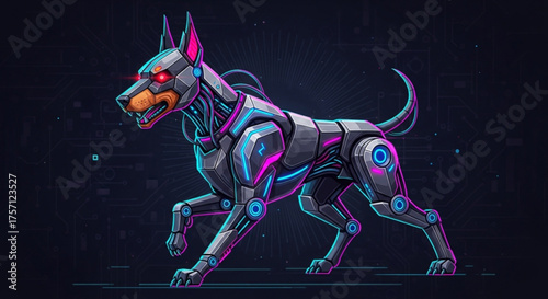 Cyberpunk robotic dog illustration futuristic ai doberman pinscher neon lights digital art concept design
