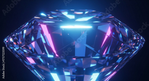 Stunning diamond gemstone with brilliant facets and neon light reflections for luxury jewelry design asset