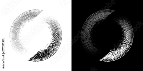 Dynamic abstract spiral sound wave rhythm lines. Circular spiral sound wave rhythm of lines. Circular futuristic abstract lines, black and white background.	
