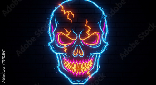 Neon skull halloween graphic design with glowing effect for spooky season and horror theme illustration