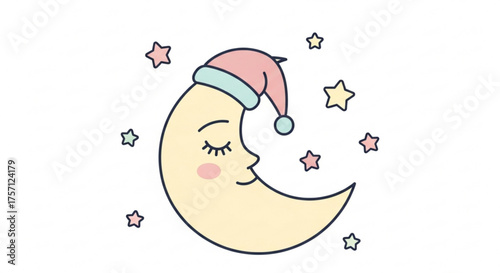 Cute sleeping moon with nightcap and stars vector illustration for baby room decor and nursery art print