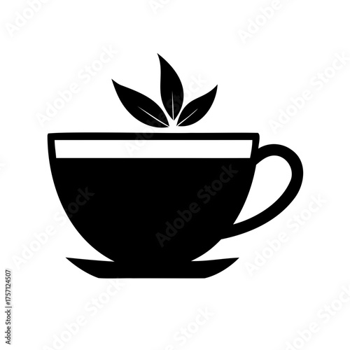 Black and white tea cup illustration with leaves on top of the cup