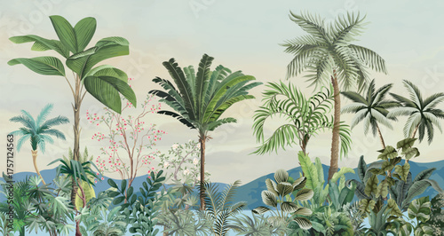 Garden Illustration, Tropical Garden Mural Wallpaper, Tropical Tree, Wallpaper.