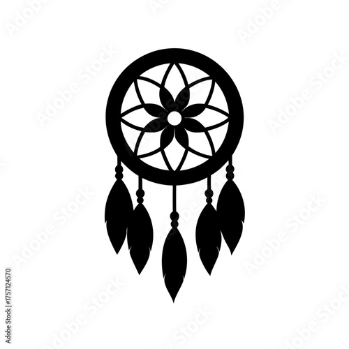 Elegant black and white dream catcher silhouette with intricate floral web design