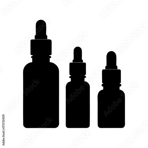Silhouette of three dropper bottles in different sizes, on white background