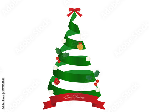 カールしたリボンで作られた立体的なクリスマスツリーのイメージの3Dイラスト