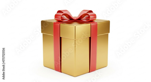 Golden gift box with red ribbon present for birthday christmas and special occasion celebration surprise party
