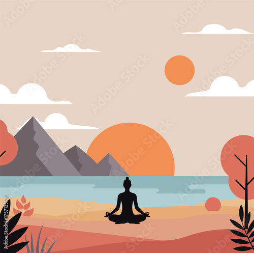 A serene illustration of a person meditating in a lotus pose on a beach at sunset, with mountains and water in the background.