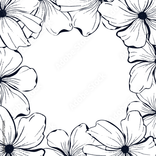 Poppies flower frame for card or invite. Line art ink hand drawn floral vector background