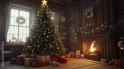 Cozy indoor holiday featuring a decorated Christmas tree with red and gold ornaments, lights, and garlands, placed next to a roaring stone fireplace