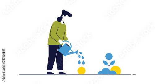 Person watering plants representing growth and development in a garden setting