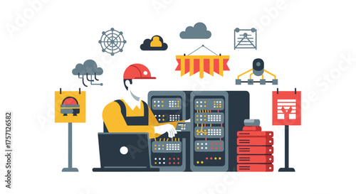 IT technician performing server maintenance and network infrastructure setup