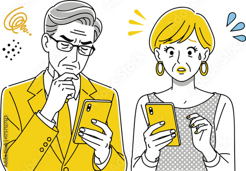 Confused Senior Couple Using Smartphones in a Modern Setting: Frustrated Elderly Man and Woman Experiencing Technology Problems, Seeking Assistance, for Communication, Education, and Mobile Internet A
