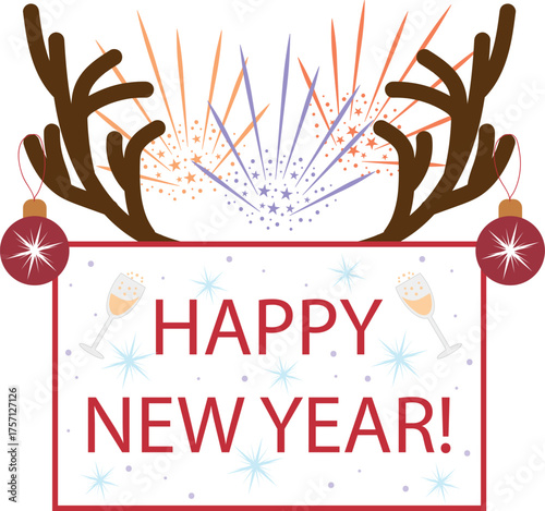Happy New Year greeting card with deer antlers and fireworks.