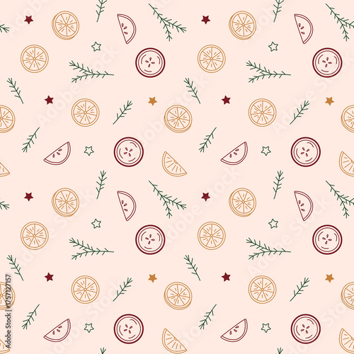 Simple seamless pattern with hand-drawn vector doodle illustrations of oranges, apples, fir branches and stars on light background.