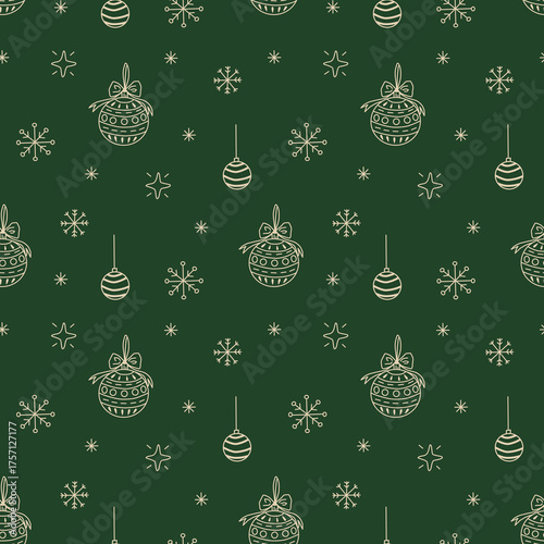 Christmas seamless pattern with whimsical doodle decorative balls and snowflakes. Hand drawn vector holiday illustrations on dark green background.
